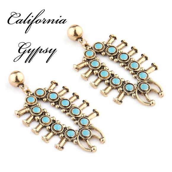 Squash blossom western gypsy turquoise earrings🌈 - Picture 2 of 2